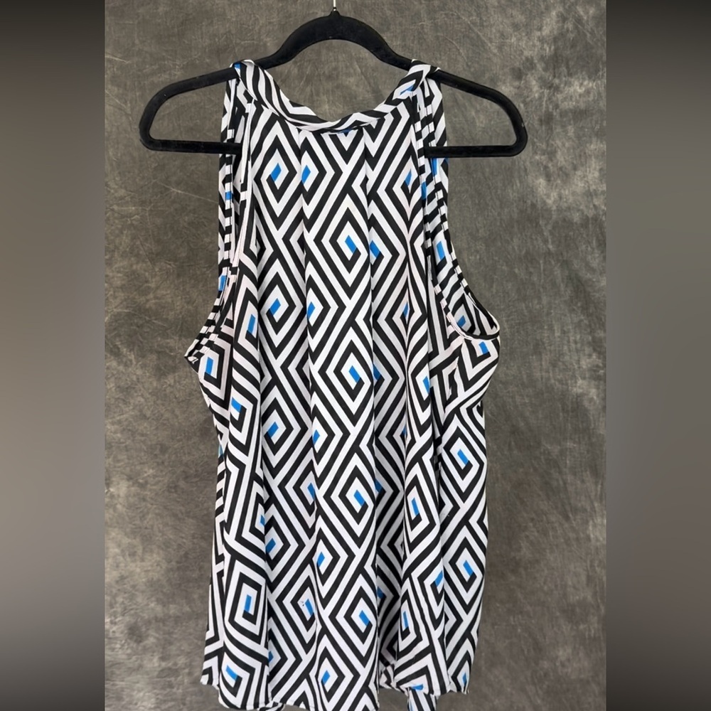 Ashley Stewart Sleeveless Tie-Neck Blouse | Black & White Geometric | 18/20